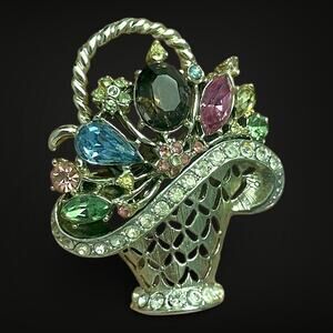Vintage Weiss Rhinestone Flower Basket Brooch Multicolor Crystal Pin